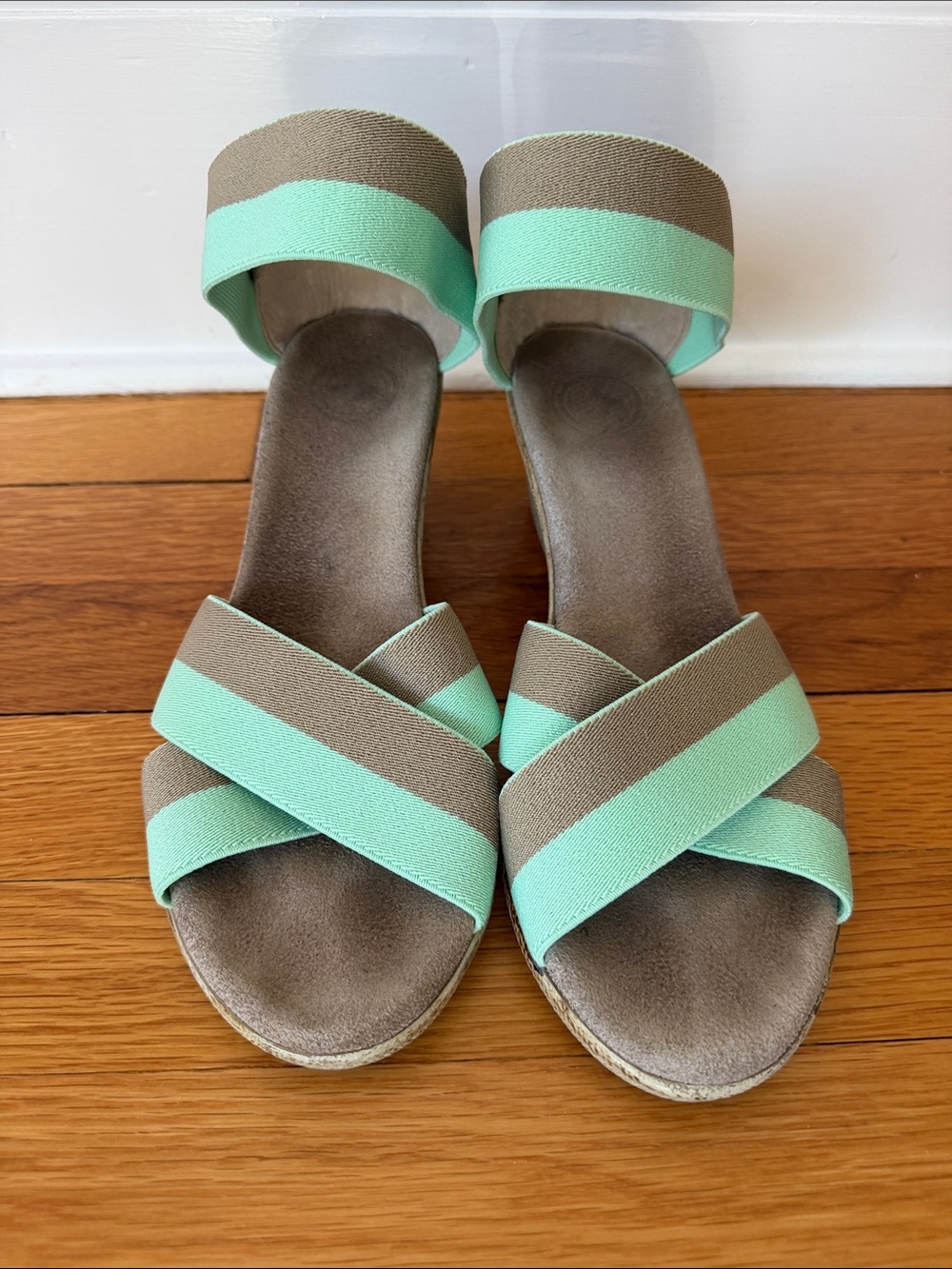 CHARLESTON SHOE CO. Mint and Taupe Striped Slide Sandals